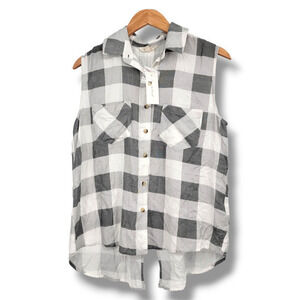 NEW Sim & Sam Women's Check‎ Plaid Button Down Tank Top Gray Size Medium